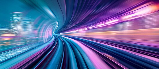 Poster - An image of a train traveling through the night, in the style of technological art, light purple and teal, architectural grids, colorful curves, urban signage