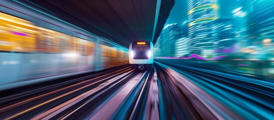 Poster - An image of a train traveling through the night, in the style of technological art, light purple and teal, architectural grids, colorful curves, urban signage