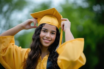 Sticker - A jubilant female graduate stands in the foreground, her smile radiant and full of pride. She is dressed in traditional academic regalia with a black gown and mortarboard,  AI generated