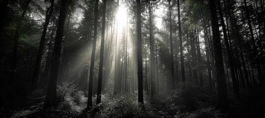 Poster - Dramatic, epic, dark light shining through the bright darkness of the dark Black Forest of light and darkness. Generative AI.
