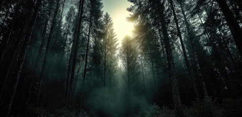 Poster - Dramatic, epic, dark light shining through the bright darkness of the dark Black Forest of light and darkness. Generative AI.