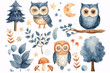 A delightful watercolor collection of illustrated owls and night forest elements in blue hues, perfect for storybook art and educational materials.