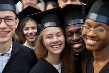 Sticker - A diverse group of jubilant graduates in blue caps and gowns share a joyful moment together, their faces beaming with pride and accomplishment. Ai generated 