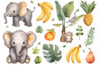 A charming illustration collection of watercolor baby elephants, tropical fruits, and foliage, ideal for children's educational materials or nursery wall art.