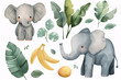 This cute watercolor illustration showcases baby elephants with tropical leaves and fruit, perfect for nursery decor and educational children's books.