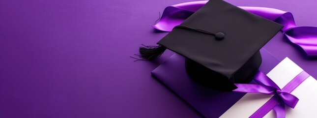 Sticker - A traditional black graduation cap with a vibrant purple tassel is paired with a white diploma tied with a purple  ribbon. The bold contrast against a deep purple background emphasizes the ceremonial 