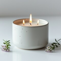 Scented candle in oversized cylindrical cup, pure white background, simple decoration. Generative AI.