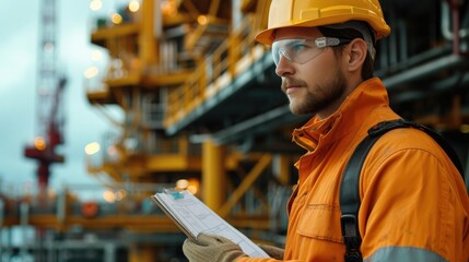 Poster - A petroleum engineer inspecting an oil rig. Generative AI.