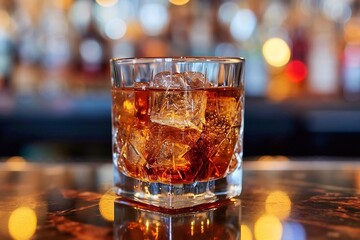 Glass of whiskey with cola and ice cubes on bar counter in night club