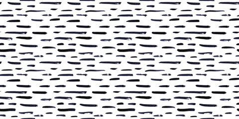 Wall Mural - Thin horizontal lines pattern on white background. Hand drawn small black dash seamless texture. Black linear ornament. Memphis style background with brush stripes. Abstract modern vector texture