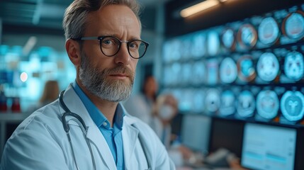 Aufkleber - A doctor man futuristic telehealth consultation in an office, Medical technology concept. Electronic medical record. Generative AI.