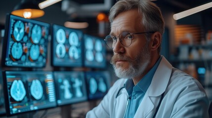 Aufkleber - A doctor man futuristic telehealth consultation in an office, Medical technology concept. Electronic medical record. Generative AI.