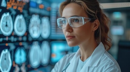 Aufkleber - A doctor woman futuristic telehealth consultation in an office. Generative AI.