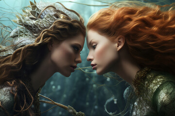 Wall Mural - Generative ai creative collage of two fantasy creature battle female brave fighter knight and amphibian beast