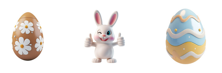 Sticker - Cartoon 3D Render of a Set of 3D Bunny and Easter Eggs for a Happy Easter, Isolated on Transparent Background, PNG