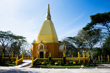 Chedi stupa containing relics of Luang Pu Dune Atulo of Wat Burapharam temple for thai people travelers travel visit respect praying blessing in Phanom Sawai Forest Park at Prasart in Surin, Thailand