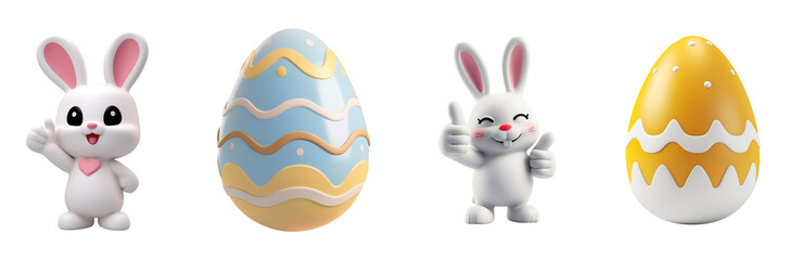 Sticker - 3D Bunny and Easter Eggs Set: A Happy Easter in Cartoon 3D Render, Isolated on Transparent Background, PNG