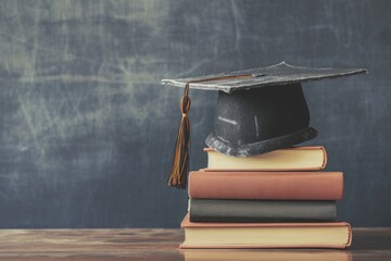 A traditional black graduation cap with a red tassel atop a stack of variously sized, hardcover books, set against the backdrop of a classic green chalkboard. AI generated