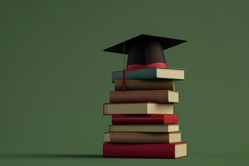 Wall Mural - A traditional black graduation cap with a red tassel atop a stack of variously sized, hardcover books, set against the backdrop of a classic green chalkboard. AI generated