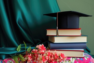 A traditional black graduation cap with a red tassel atop a stack of variously sized, hardcover books, set against the backdrop of a classic green chalkboard. AI generated