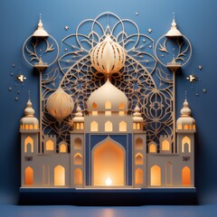 Wall Mural - Illustration of paper crafts dome mosque decorations for the month of Ramadan, Eid al Fitr ornament decoration.