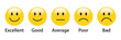 3D Rating Emojis set in yellow color with label. Feedback emoticons collection. Excellent, good, average, poor and bad emojis. Flat icon set of rating and feedback emojis icons in yellow color.