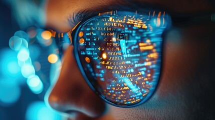 Poster - Extreme close up, mans spectacles, in the reflection computer code is visible. Generative AI.