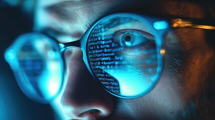 Aufkleber - Man spectacles, A developer coder looking at programming code data cyber security digital tech reflecting in spectacles developing software program. Generative AI.