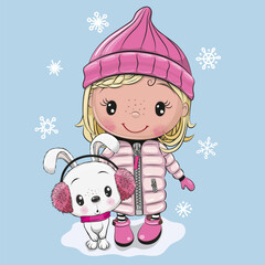 Sticker - Cute Cartoon girl in a coat and a bunny