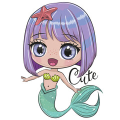 Sticker - Cute Cartoon Mermaid with purple hair