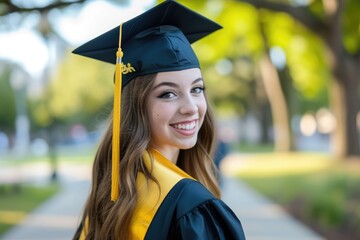 Wall Mural - A jubilant female graduate stands in the foreground, her smile radiant and full of pride. She is dressed in traditional academic regalia with a black gown and mortarboard,  AI generated
