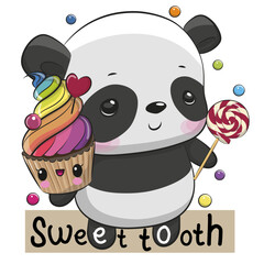 Wall Mural - Panda Sweet tooth with Cupcake and lollipop