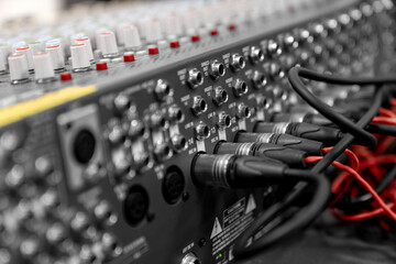 Wall Mural - Mixer control. Music engineer. Backstage controls on an audio mixer, Sound mixer. Professional audio mixing console with lights, buttons, faders and sliders. sound check for concert. 