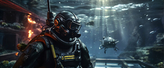 cyborg soldier fighting in underwater in ocean zone using weapon underwater, Conquer the Seas with Battleships, Warships, and Frigates in an Epic Battle of the Oceans