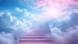 Staircase to heaven against bright blue sky with clouds