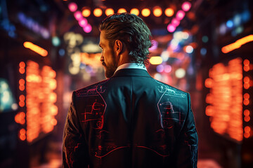 Poster - back view portrait of a handsome elegant man neon illuminated city virtual reality and cyberpunk gen