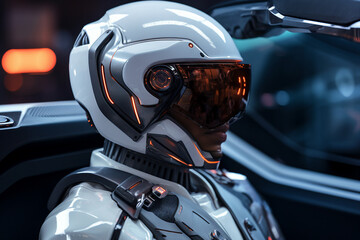 Poster - Science fiction picture of modern cyborg with a cyberpunk helmet on a futuristic background made with generative AI
