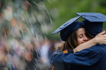 Sticker - A heartwarming scene at a graduation ceremony captures a female graduate in a black cap and gown embracing a joyous man. Her face is buried in his shoulder. Ai generative.