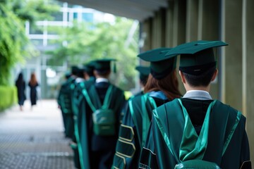 Wall Mural - A momentous occasion is captured from behind as four graduates, clad in traditional green graduation robes and mortarboards, stand side by side, looking towards a future filled with promise. Ai genera