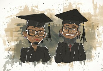 Wall Mural - The illustration captures a heartwarming moment between a proud graduate and a supportive family member. The graduate, dressed in a black gown and mortarboard with a tassel, clutches a diploma. Ai gen