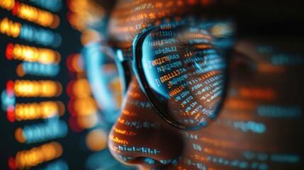 Aufkleber - Man spectacles, Extreme close up, Focused developer coder looking at programming code data cyber security digital tech reflecting in spectacles developing software program. Generative AI.
