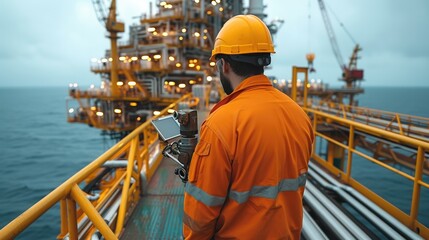 Poster - A petroleum engineer inspecting an oil rig. Generative AI.