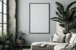 © Scandinavy - Frame mockup with ISO A paper size, showcasing a living room wall poster mockup against a modern interior design background, presented in a 3D render.