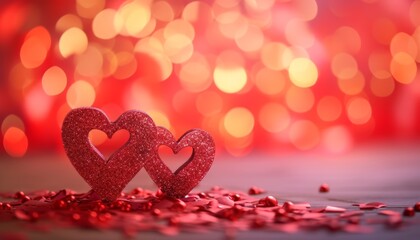 Love background for Valentine's day. Two hearts together and glowing bokeh. Copy space for text