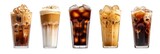 Set of black ice coffee and ice latte coffee with milk in tall glass isolated on white background.