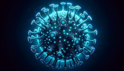 Aufkleber - Futuristic Digital Representation of a Virus Particle in Blue Neon