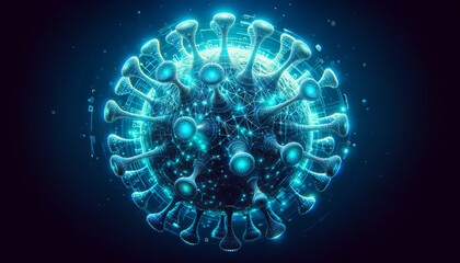 Aufkleber - Futuristic Digital Representation of a Virus Particle in Blue Neon