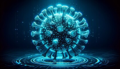 Aufkleber - Futuristic Digital Representation of a Virus Particle in Blue Neon