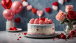 Valentine's buttercream White Cake decorated with heart cake topper, against a gray blue glossy background