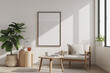 © Scandinavy - Frame mockup with ISO A paper size, showcasing a living room wall poster mockup against a modern interior design background, presented in a 3D render.